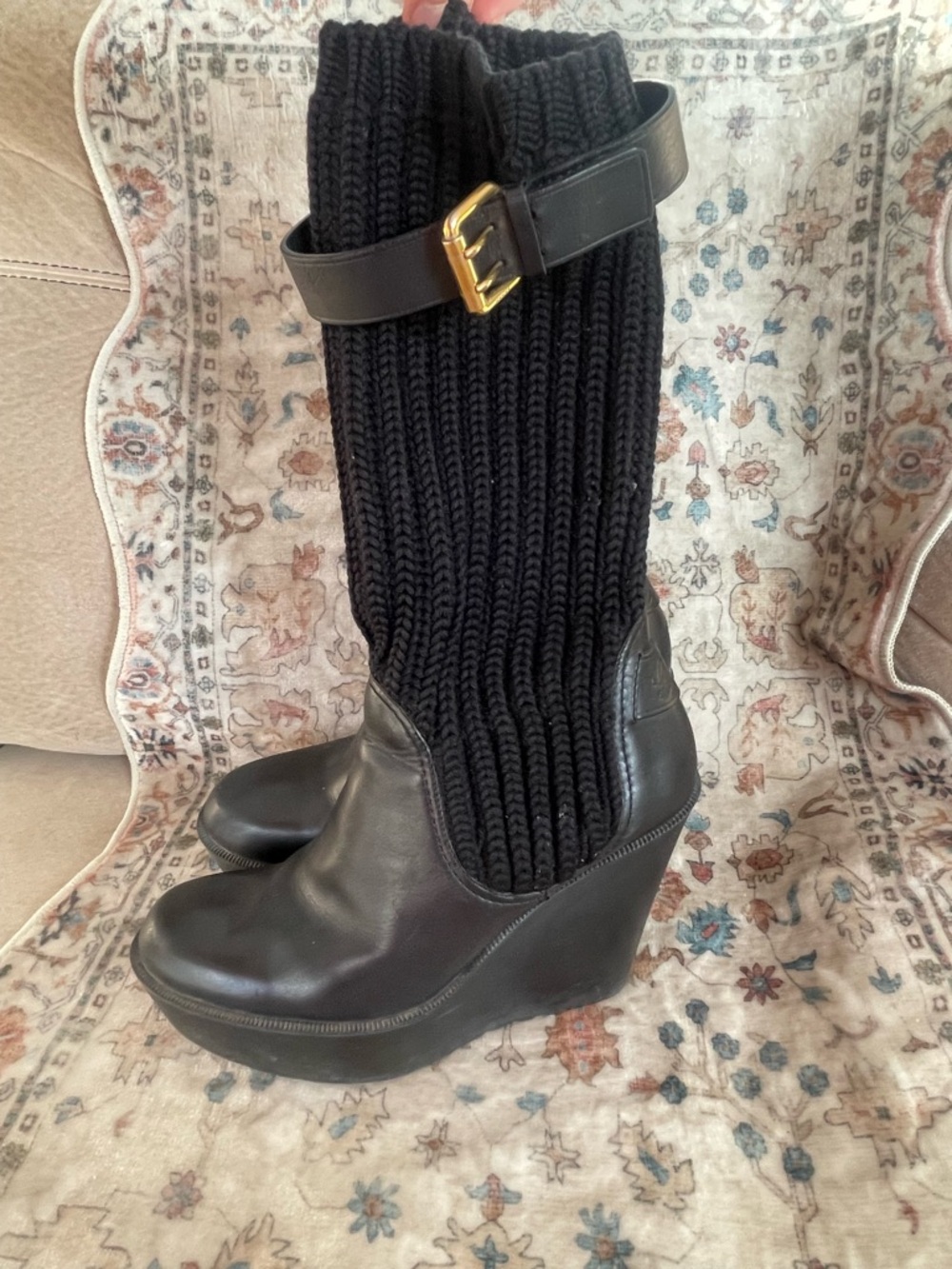 Gucci Black Knit Sock Wedge Boot with Gold Buckle Accent